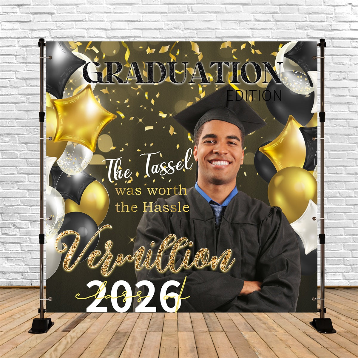 Customized Graduation Backdrop Gold Star Balloons Graduation Party Backdrop MRR5-13