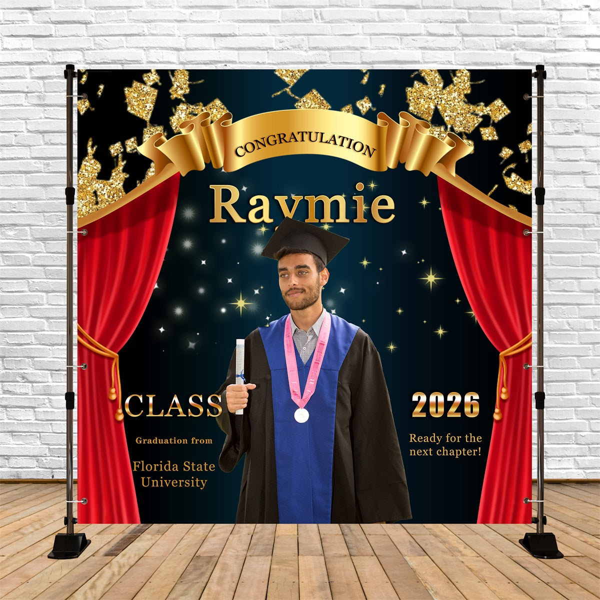 Backdrop Graduation Red Curtain Stage Personalized Party Graduation Backdrop MRR6-21