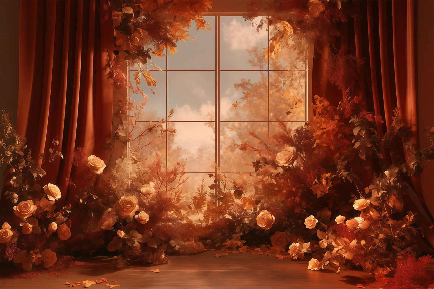 Autumn Backdrop Warm Floral Window View Backdrop MRR7-118