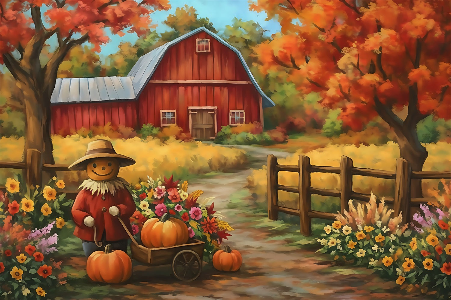 Barn Backdrop Flowers Pumpkins Delight Autumn Backdrop MRR7-119