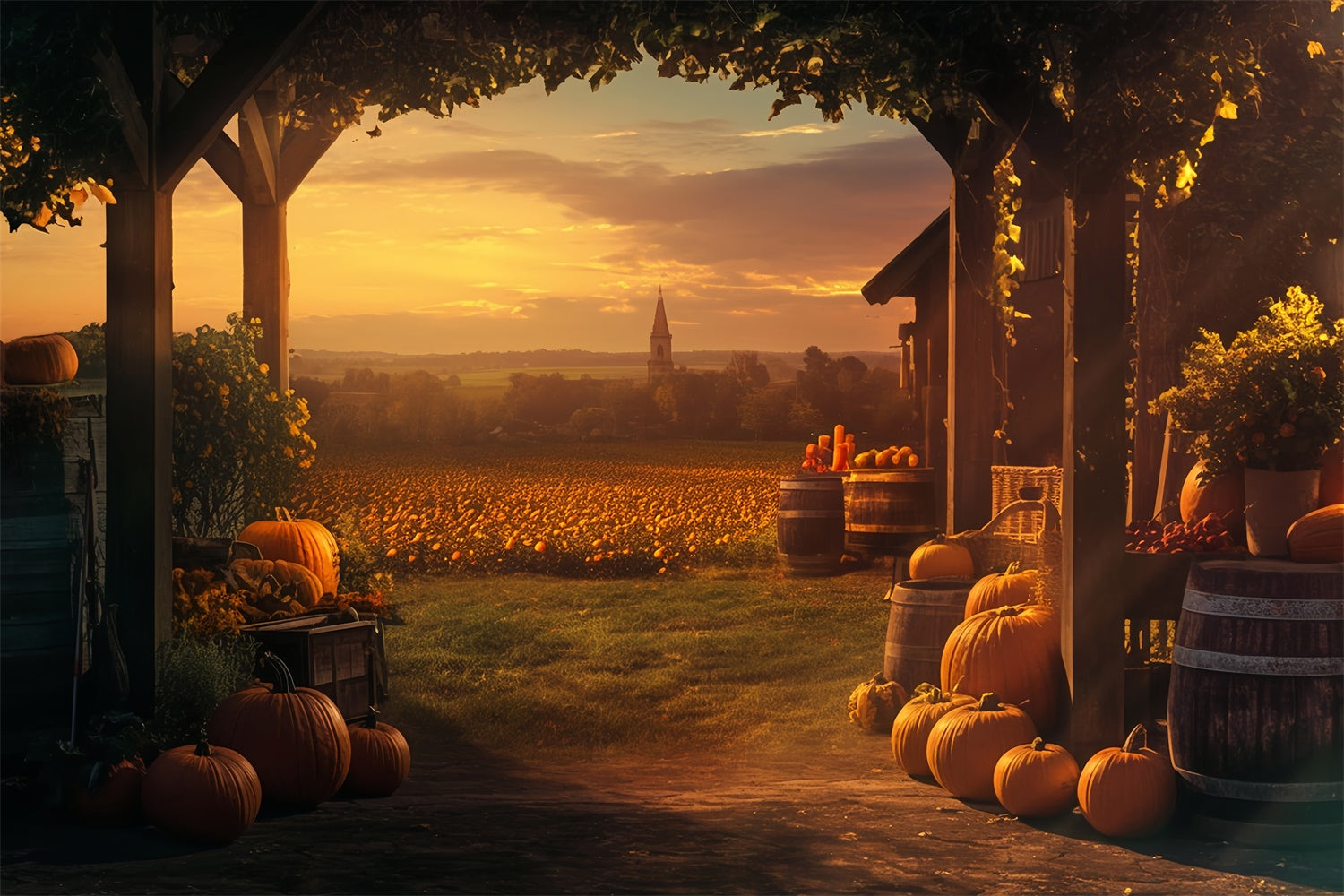 Sunset Backdrop Golden Pumpkin Farm Fall Backdrops MRR7-120