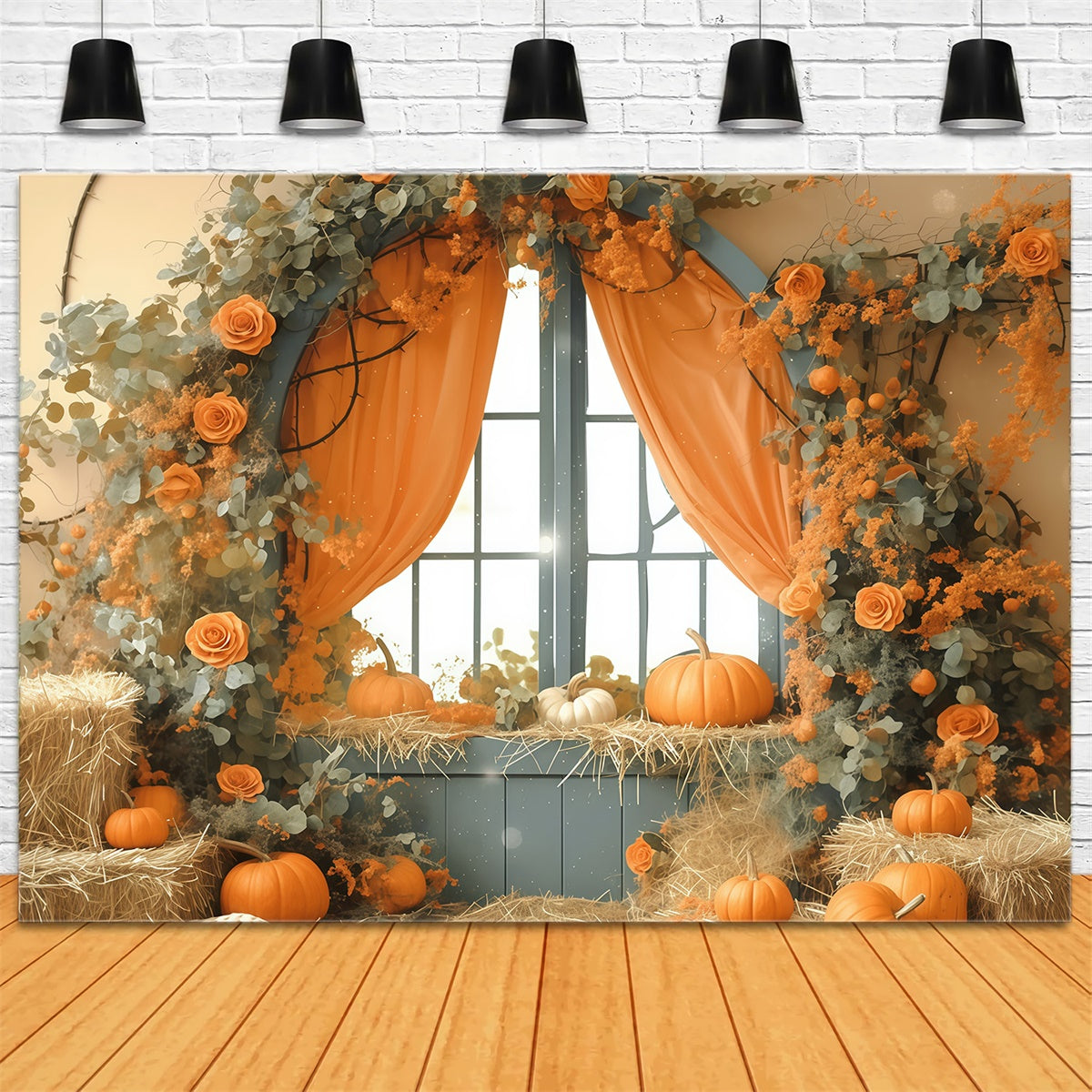 Fall Backdrop For Photos Pastel Pumpkin Window Backdrop MRR7-121
