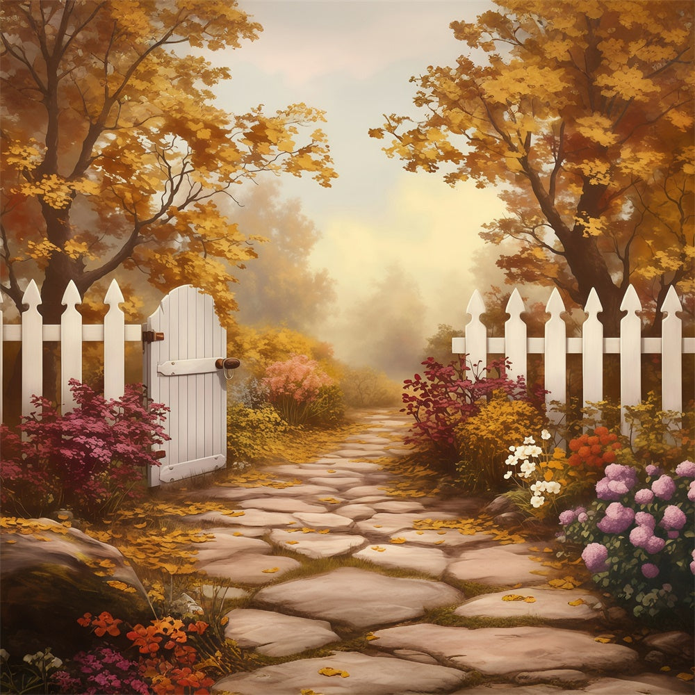 Fall Forest Backdrop White Fence Golden Trail Backdrop MRR7-124