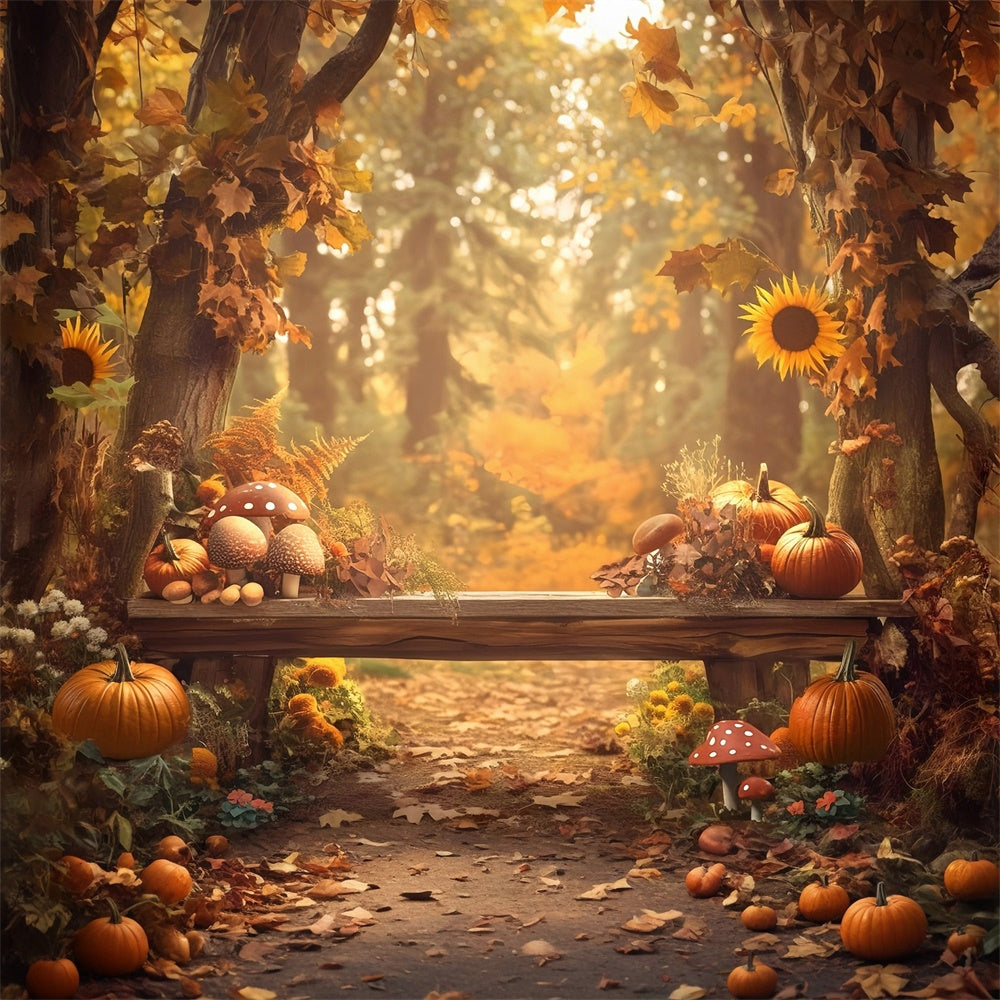 Fall Forest Backdrop Mushroom Pumpkin Bench Backdrop MRR7-130