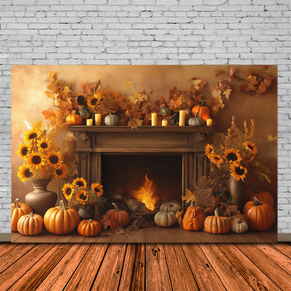 Autumn Photo Backdrop Cozy Fireplace Harvest Backdrop MRR7-133