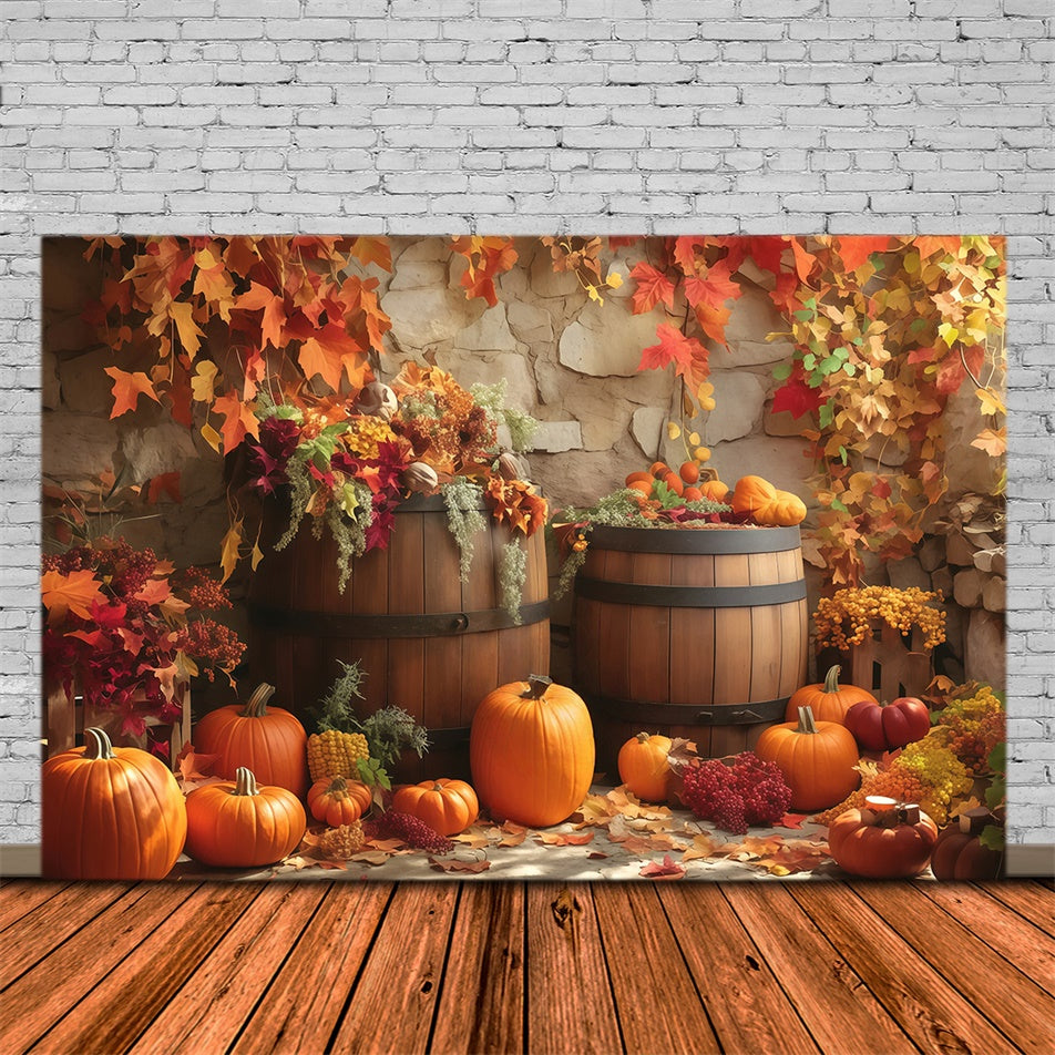 Autumn Backdrop Wooden Barrel Fall Display Backdrop MRR7-135