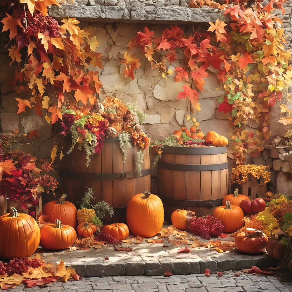 Autumn Backdrop Wooden Barrel Fall Display Backdrop MRR7-135