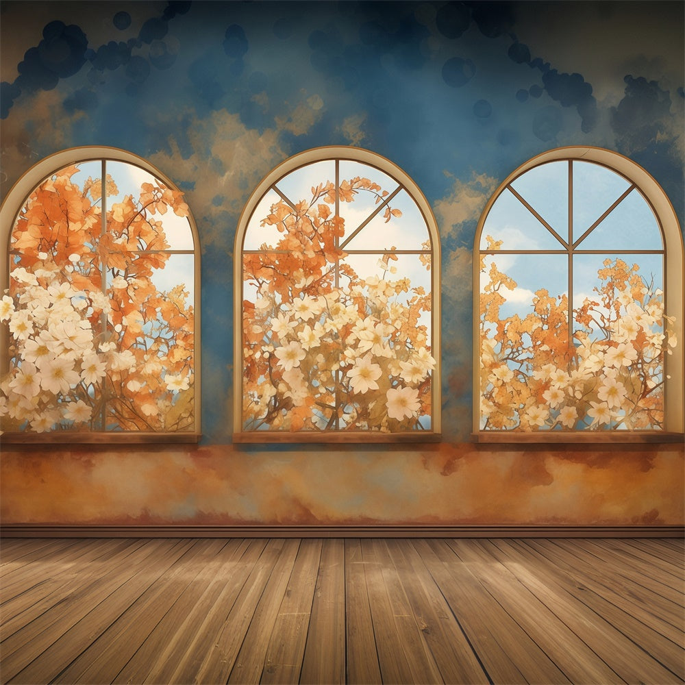 Fall Backdrop Autumn Bloom Arched Window Backdrop MRR7-136