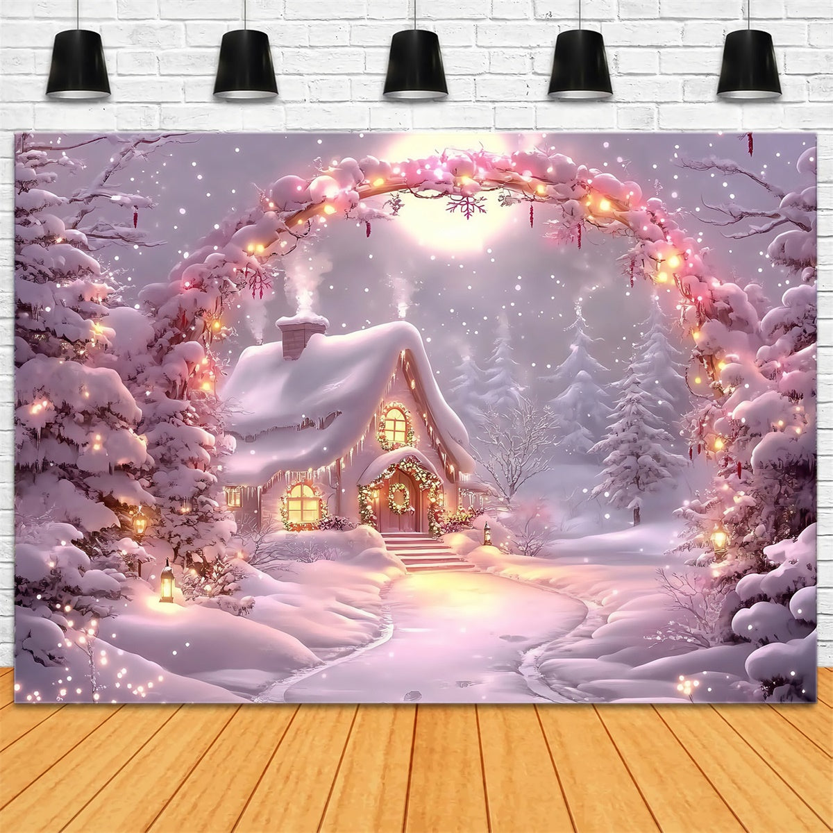 Winter Wonderland Backdrop Glow Cabin Lights Backdrop MRR7-149