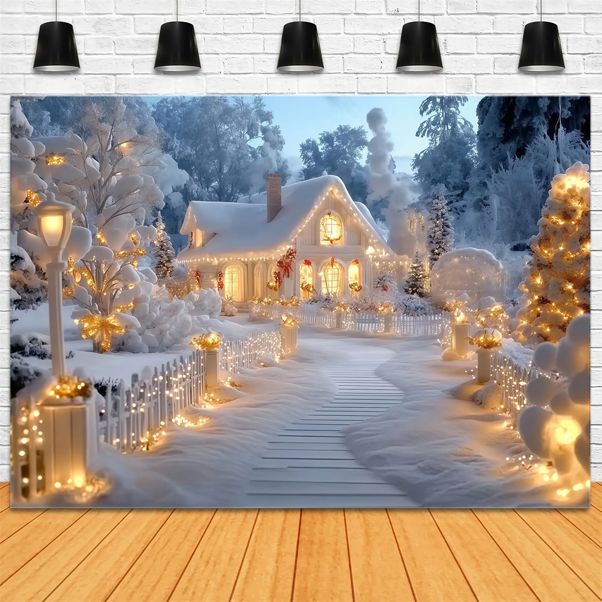 Winter Scene Backdrop Glowing Winter Cottage Backdrop MRR7-161