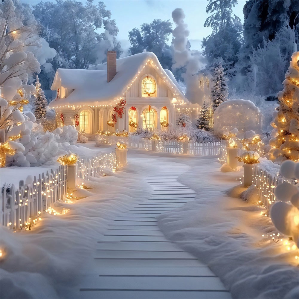 Winter Scene Backdrop Glowing Winter Cottage Backdrop MRR7-161