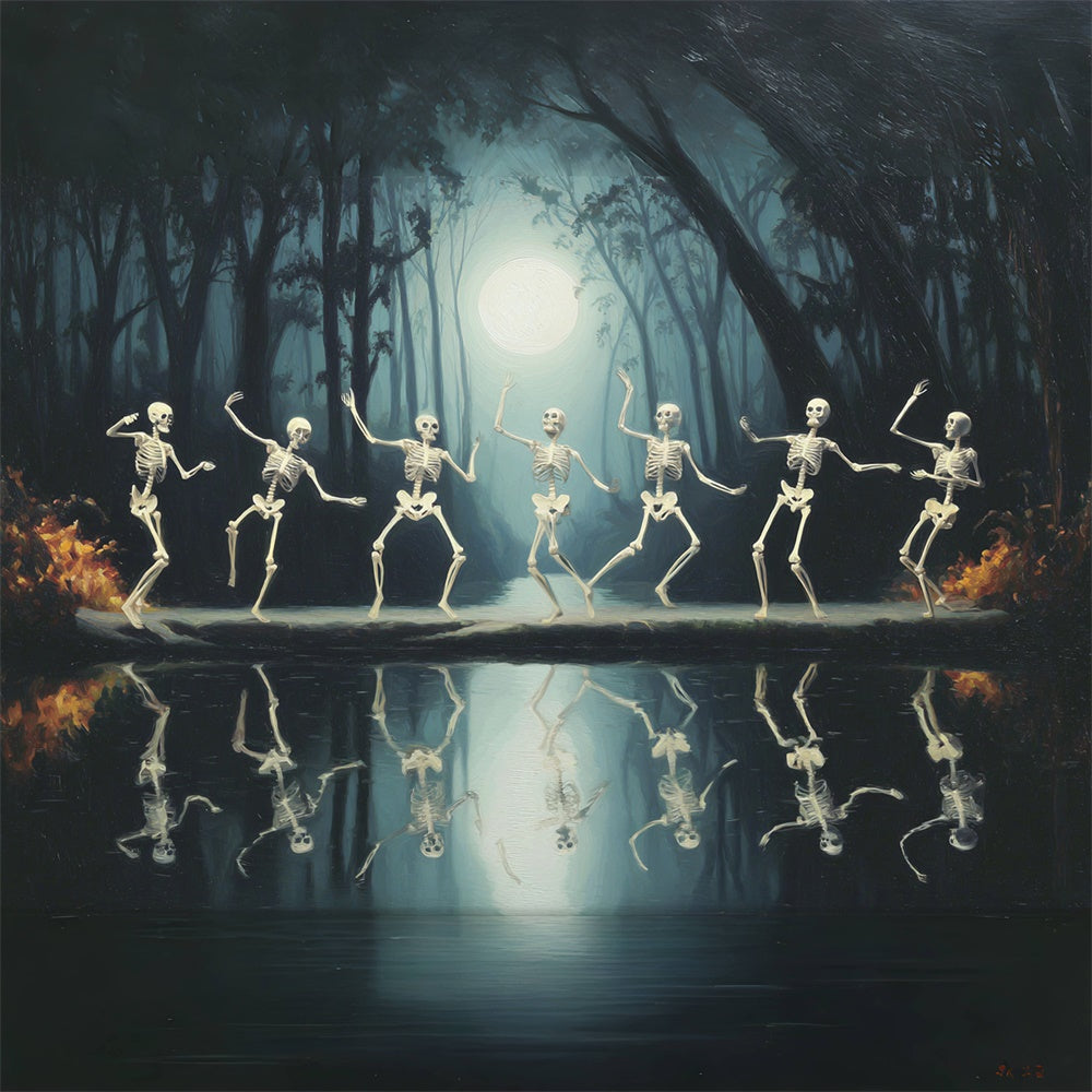 Forest Photo Backdrop Moonlit Skeleton Dance Halloween Backdrop MRR7-21