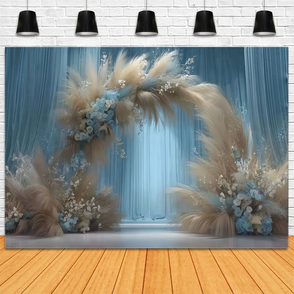 Boho Backdrops Misty Blue Pampas Arch Backdrop MRR7-266