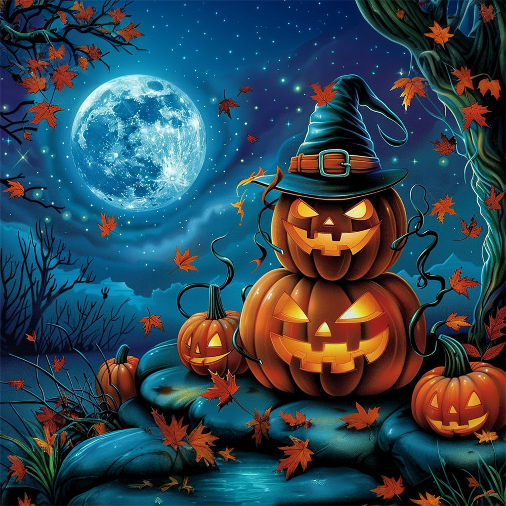 Halloween Moon Backdrop Smiling Pumpkins Stars Backdrop MRR7-29