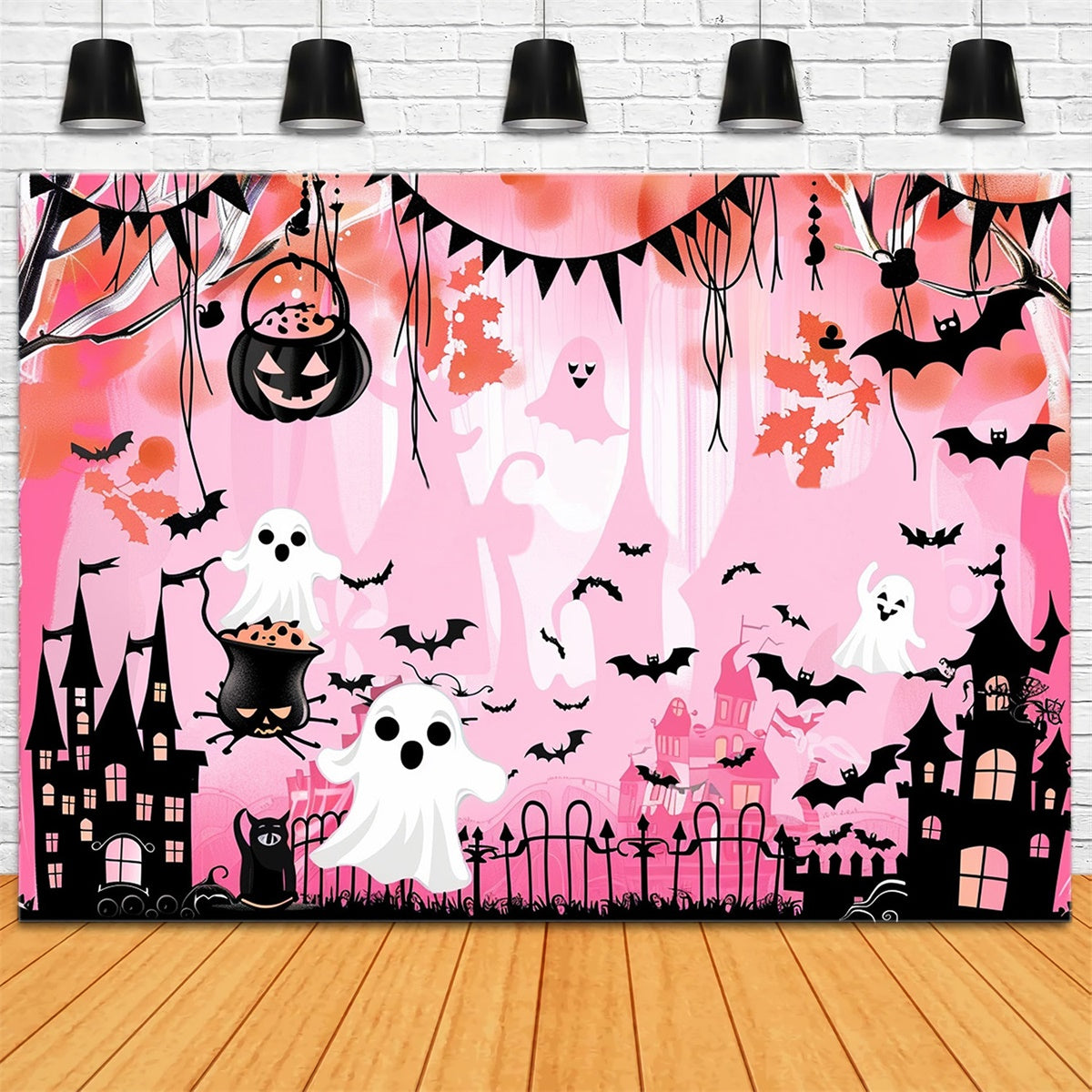 Cute Halloween Backdrop Ghostly Bat Castle Pink Backdrop MRR7-46