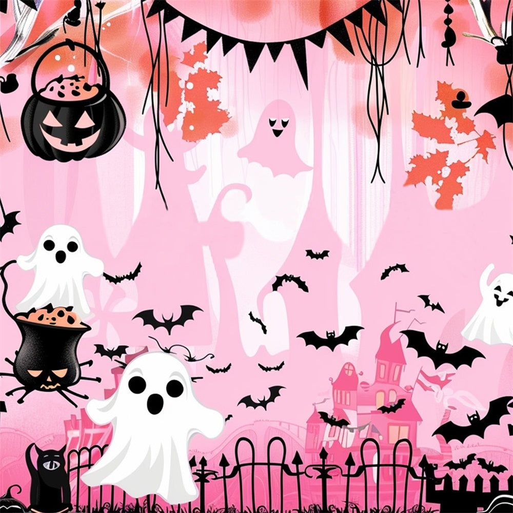 Cute Halloween Backdrop Ghostly Bat Castle Pink Backdrop MRR7-46