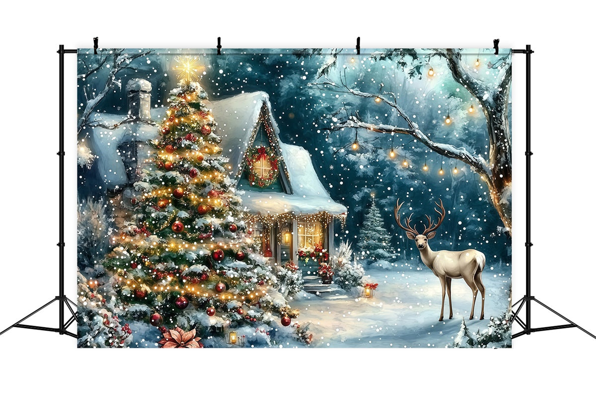 Christmas Photo Backdrop Twinkling Tree Cabin Backdrop MRR7-74