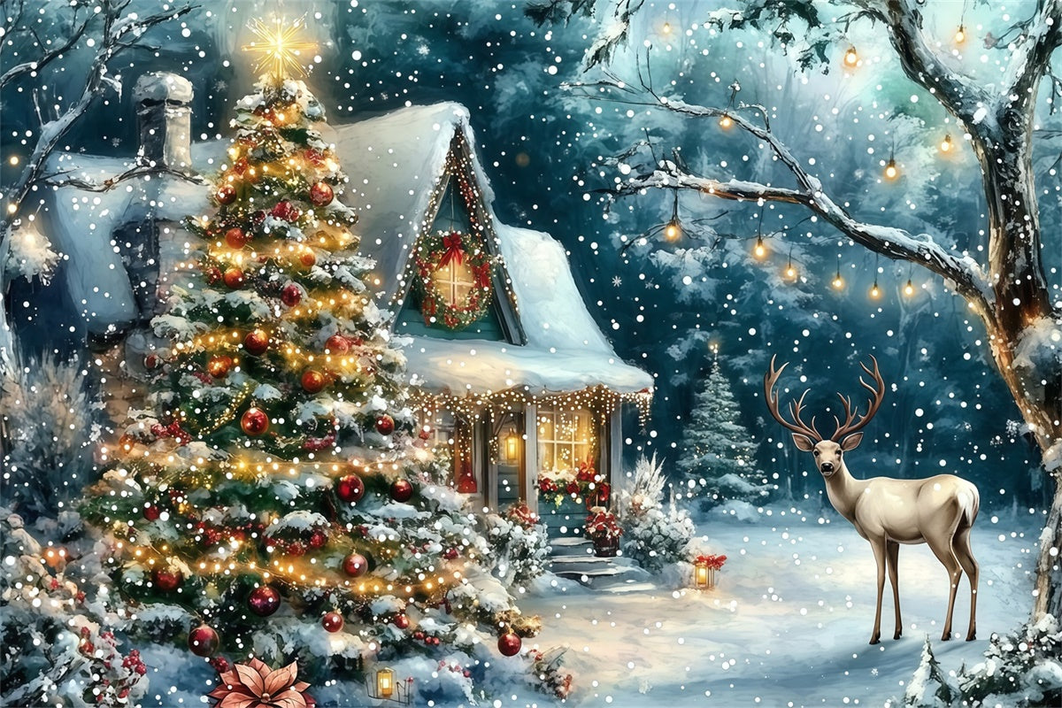 Christmas Photo Backdrop Twinkling Tree Cabin Backdrop MRR7-74