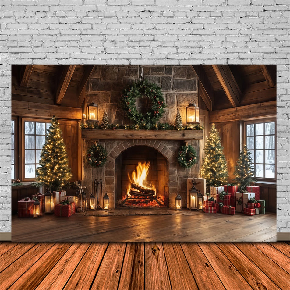 Christmas Fireplace Backdrop Rustic Lodge Hearth Backdrop MRR7-80