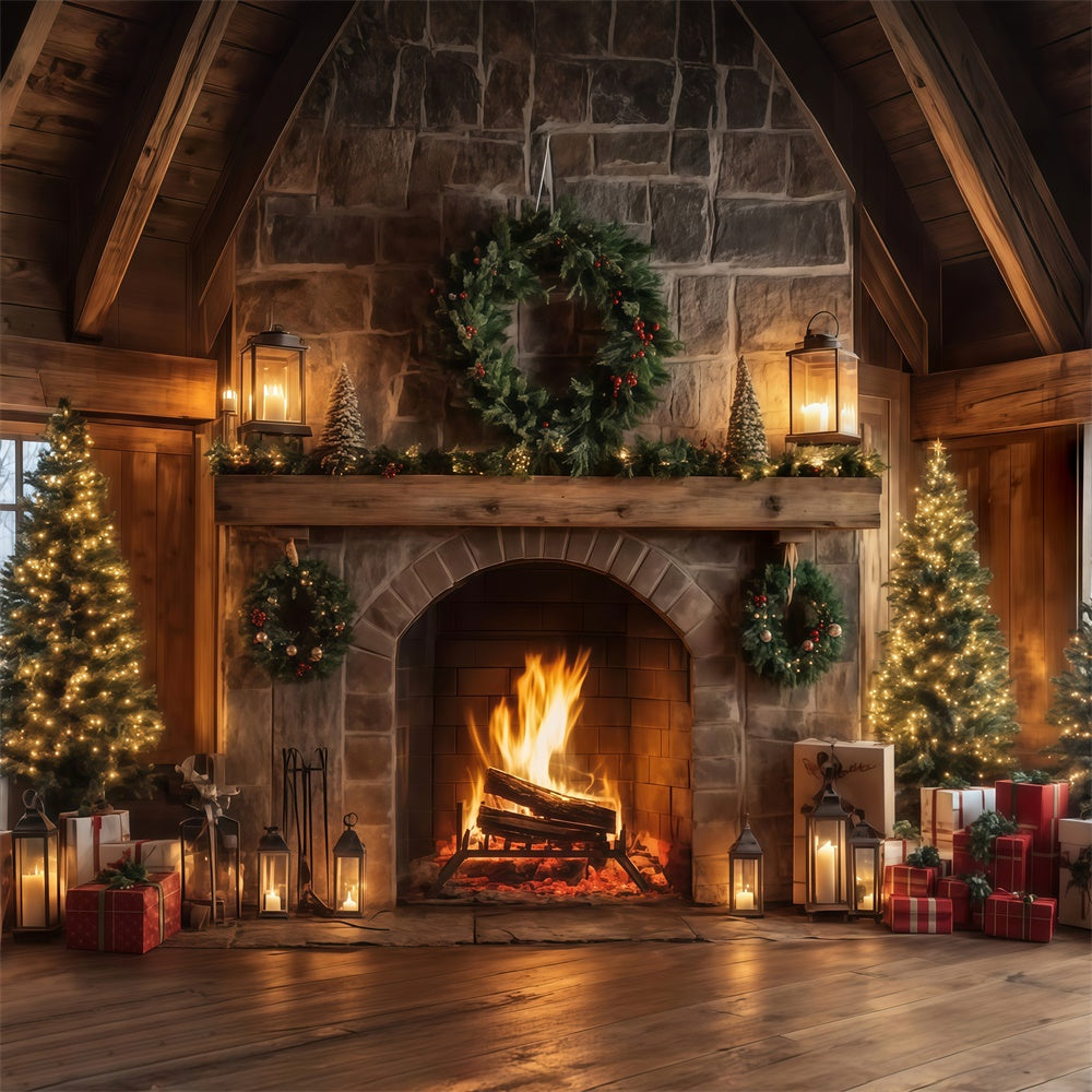 Christmas Fireplace Backdrop Rustic Lodge Hearth Backdrop MRR7-80