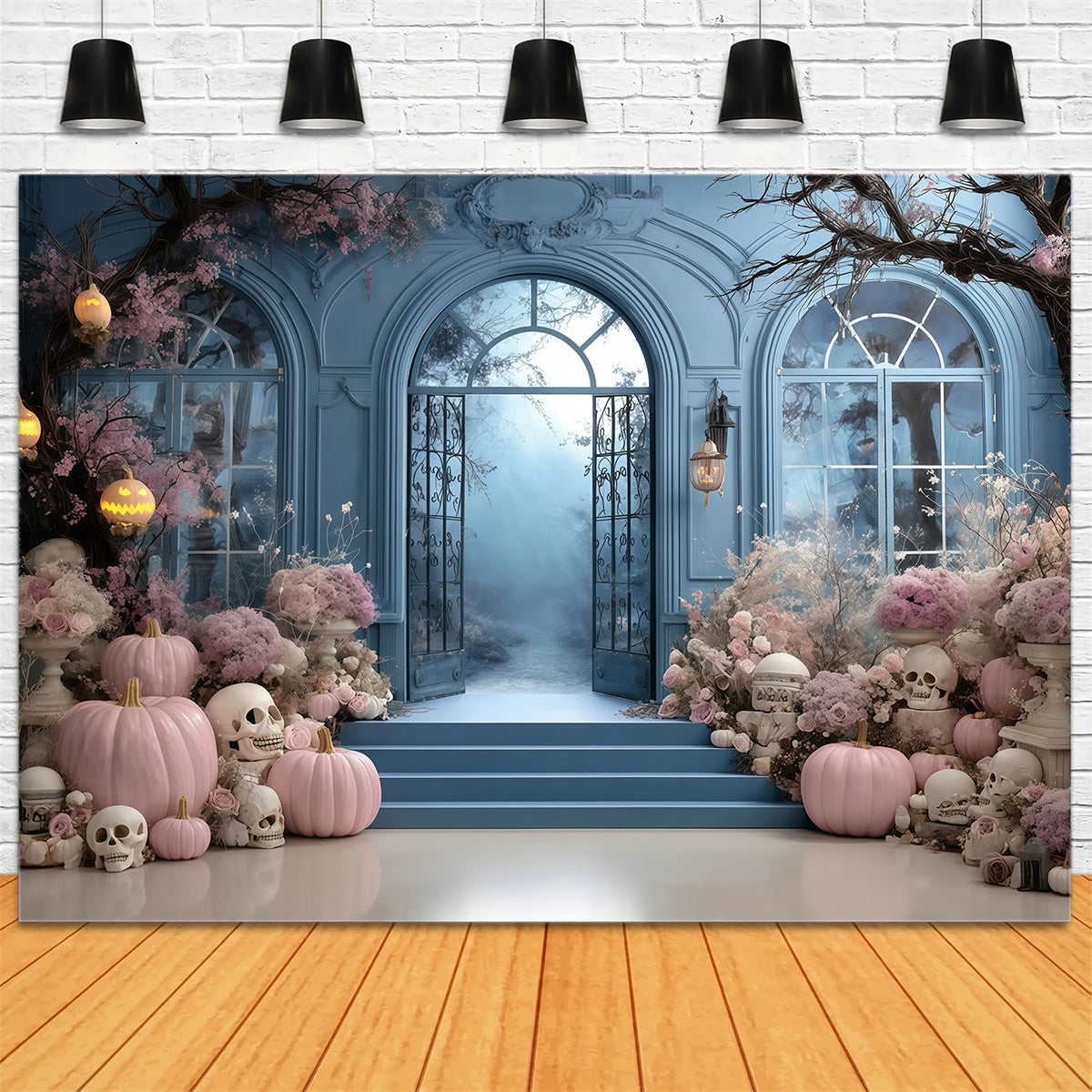 Halloween Backdrop Ideas Pink Flower Pumpkin Blue Door Wall Halloween Backdrop MRR8-10