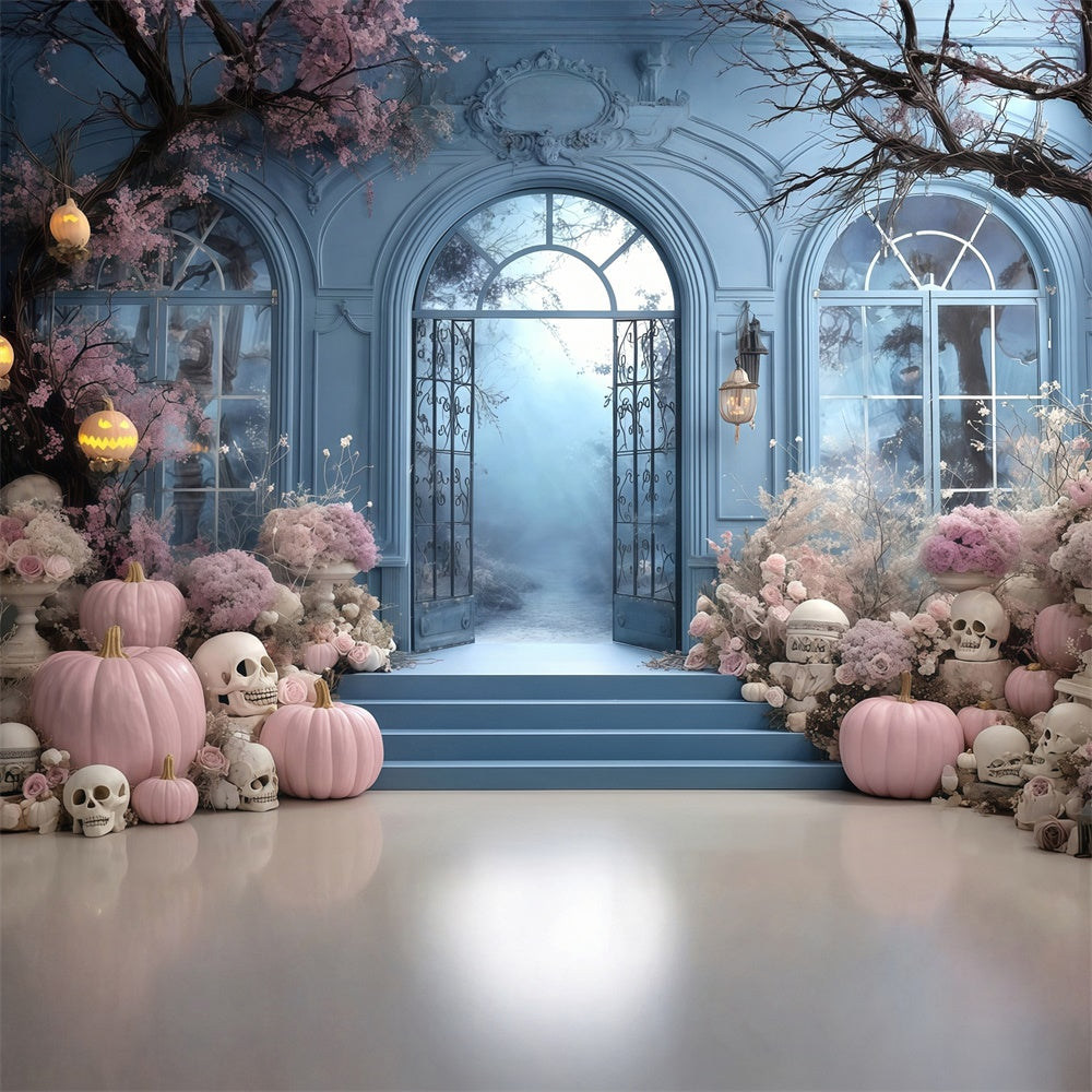 Halloween Backdrop Ideas Pink Flower Pumpkin Blue Door Wall Halloween Backdrop MRR8-10