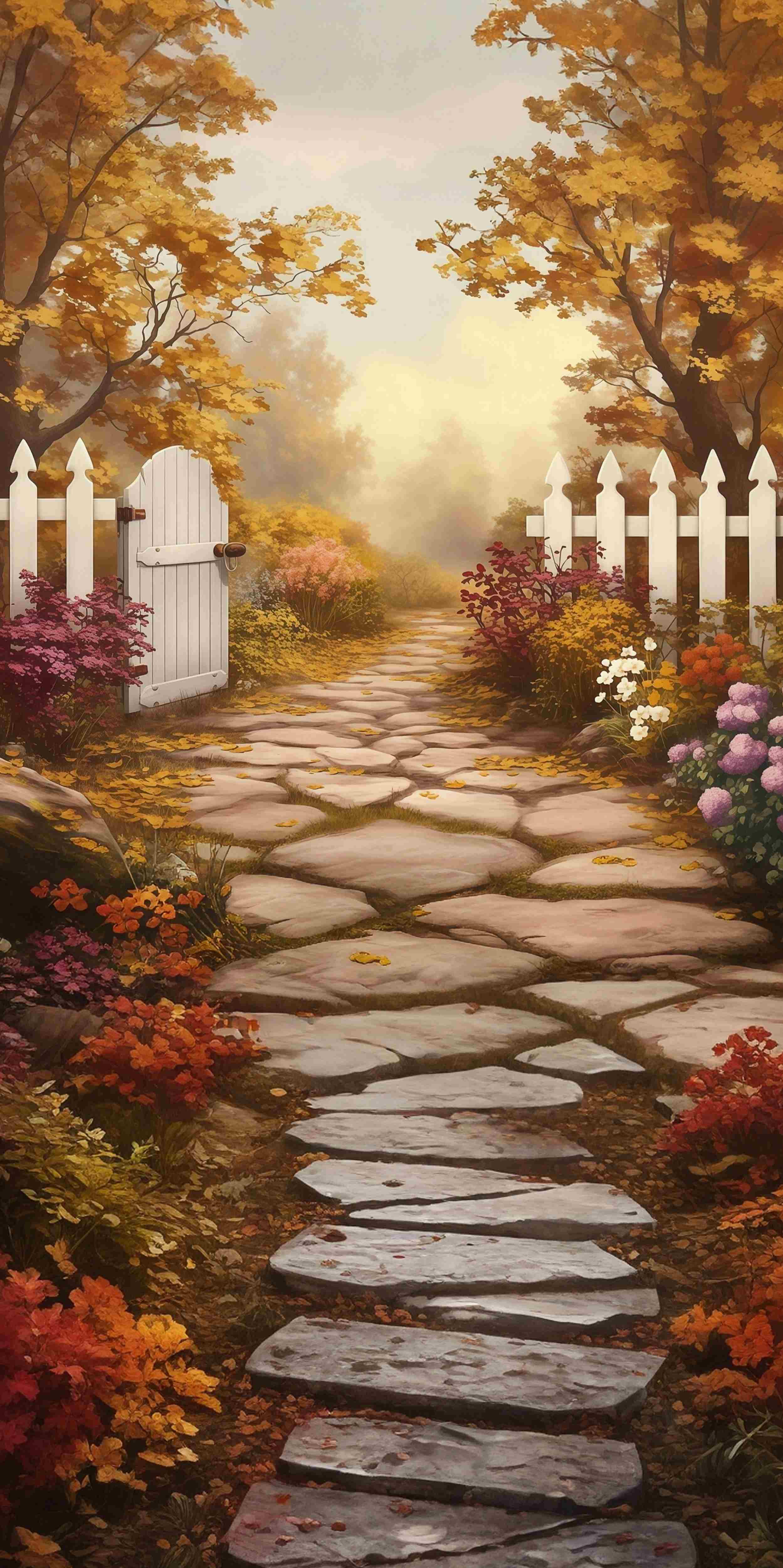 Fall Backdrops White Fence Garden Pathway Sweep Backdro MRR8-100