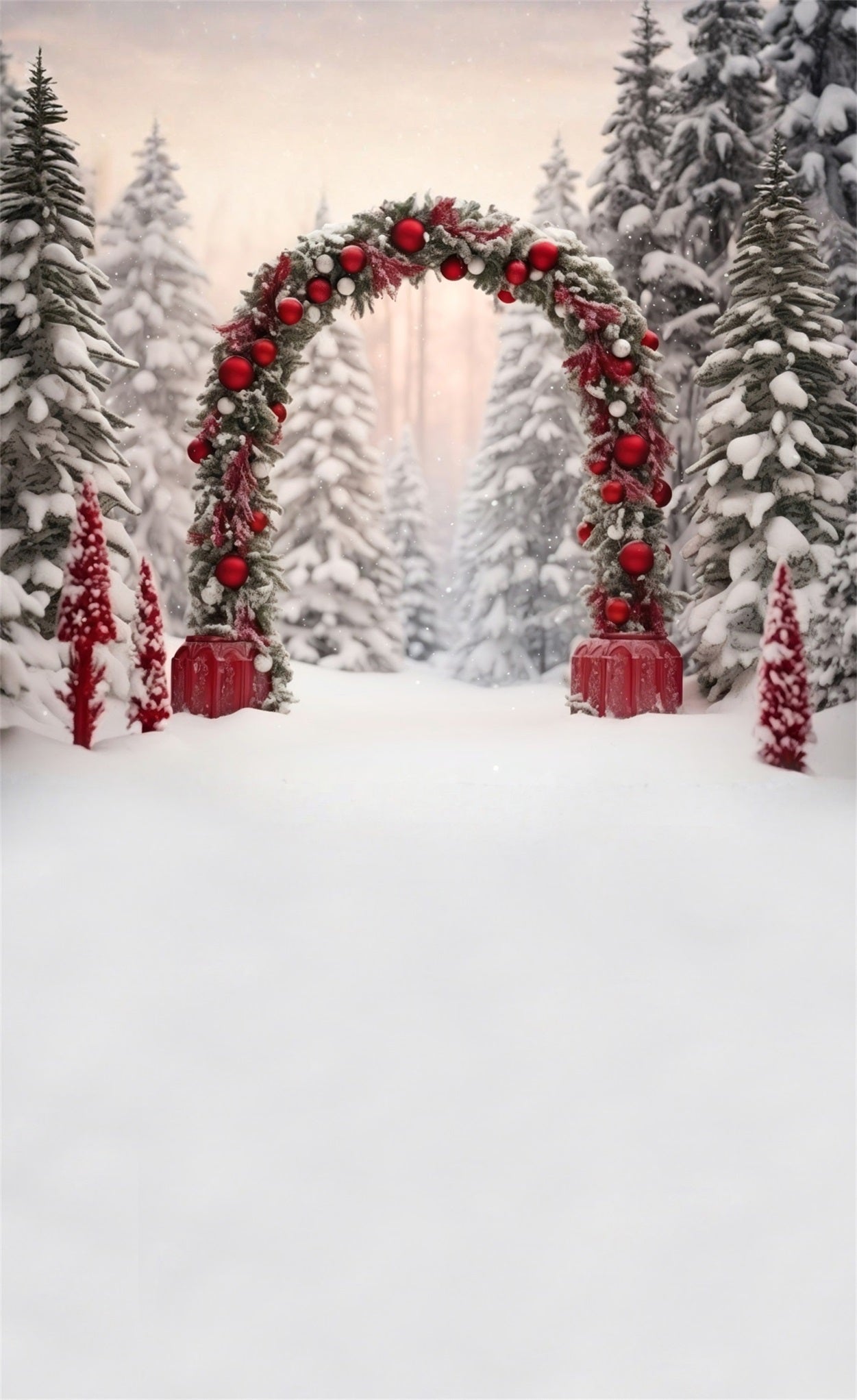 Christmas Tree Farm Backdrop Red Ball Arch Cedar Grove Christmas Backdrop for Photos MRR8-104