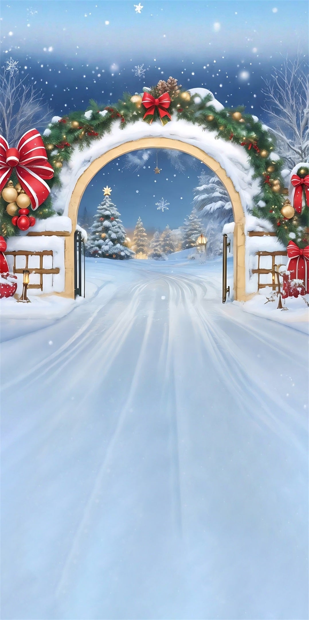 Holiday Backdrop Falling Snow Red Bow Arch Christmas Backdrops for Photography MRR8-105