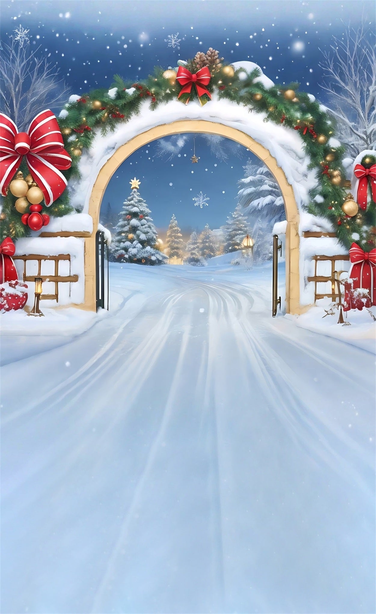 Holiday Backdrop Falling Snow Red Bow Arch Christmas Backdrops for Photography MRR8-105