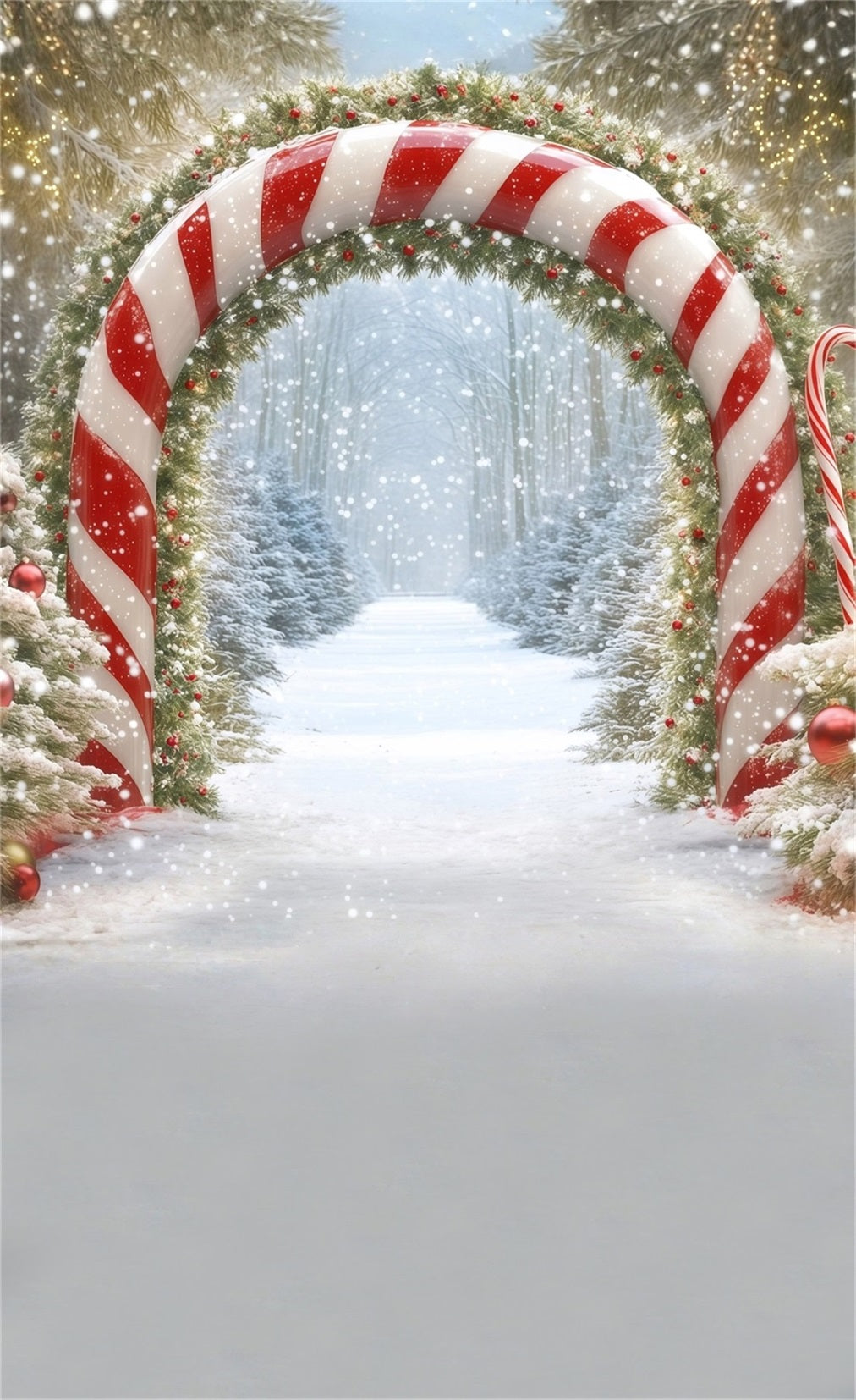 Holiday Backdrop Falling Snow Forest Candy Arch Professional Christmas Backdrops MRR8-108