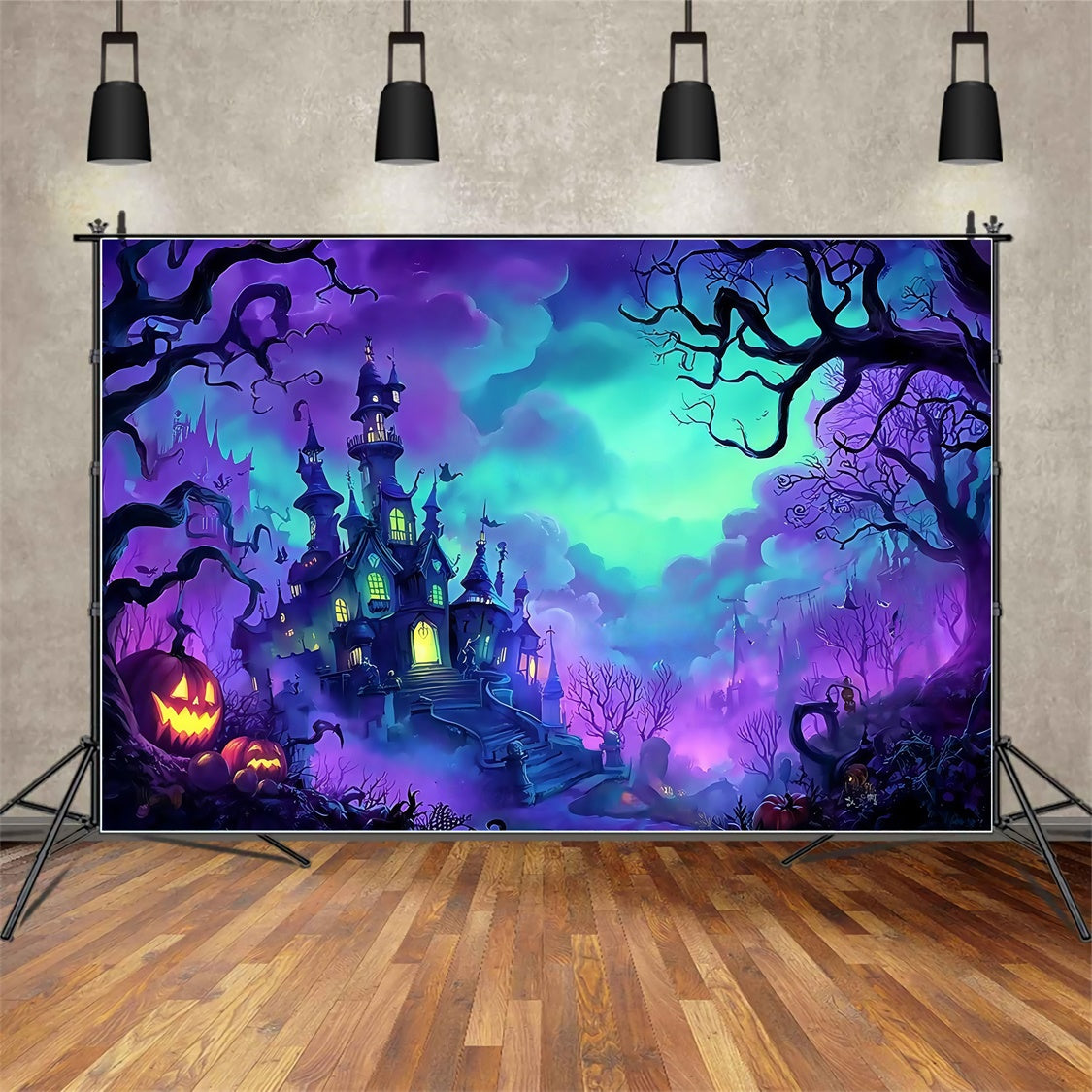 Spooky Halloween Backdrop Misty Forest Castle Pumpkin Backdrop MRR8-11