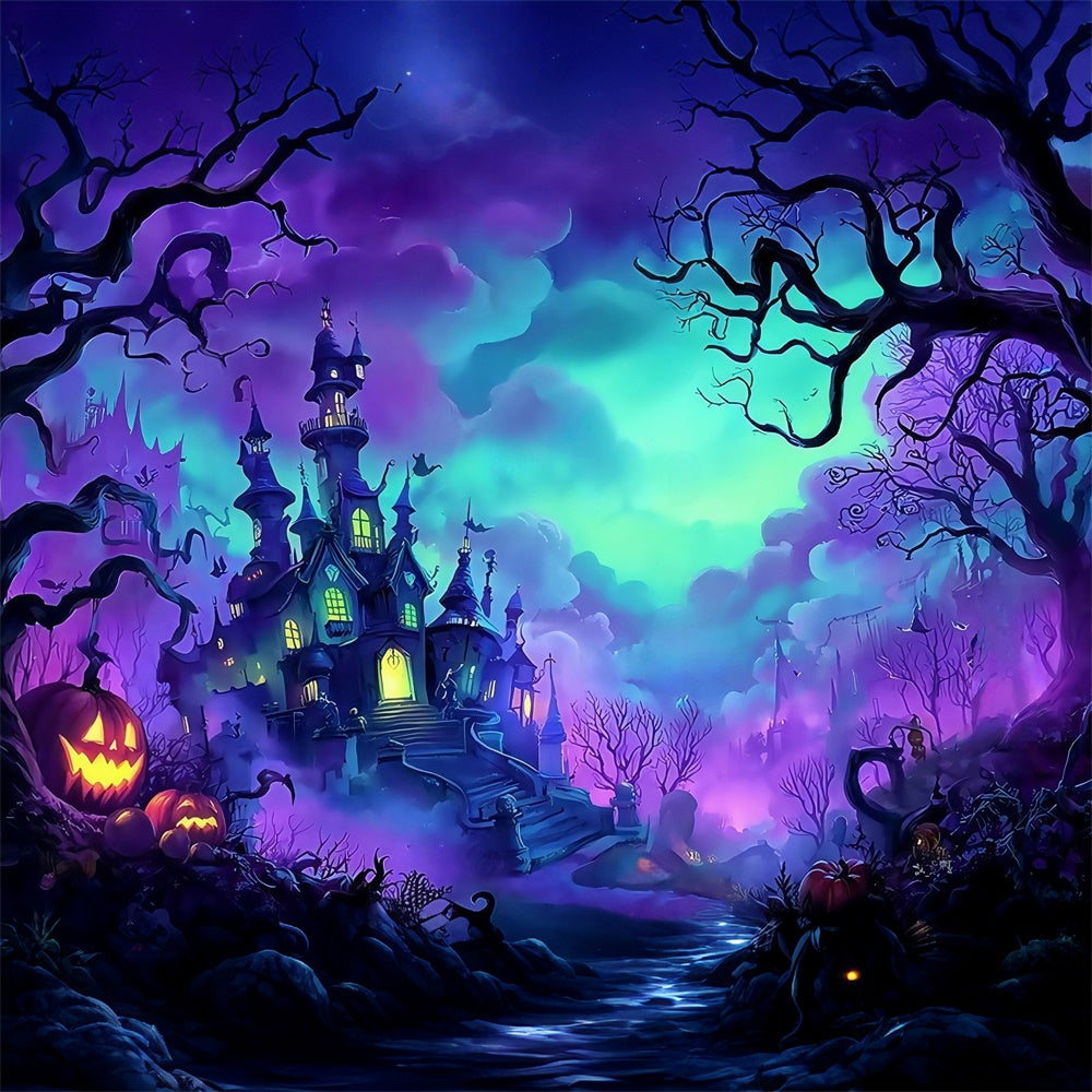 Spooky Halloween Backdrop Misty Forest Castle Pumpkin Backdrop MRR8-11
