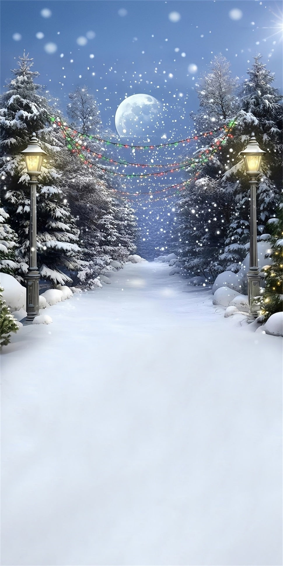 Christmas Tree Farm Backdrop Snowy Night Colored Lights Cedar Trail Christmas Backdrop MRR8-116