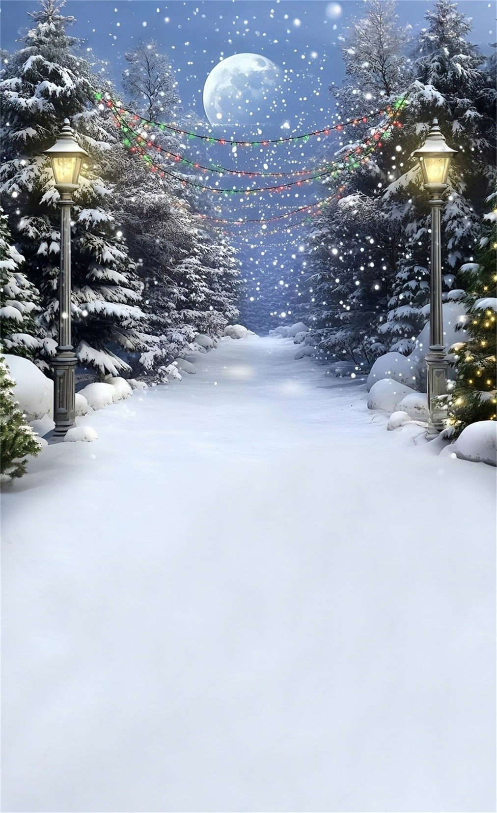 Christmas Tree Farm Backdrop Snowy Night Colored Lights Cedar Trail Christmas Backdrop MRR8-116