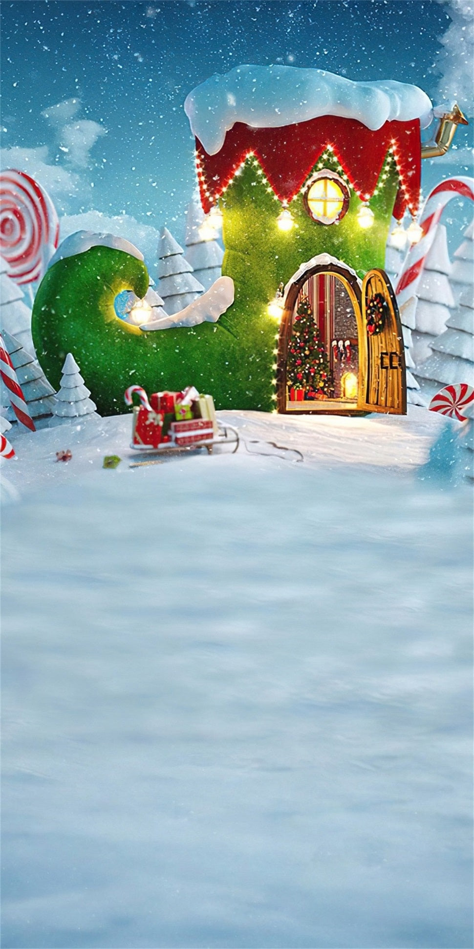 Holiday Backdrop Fairytale Green Boots Cottage Christmas Backdrops MRR8-117