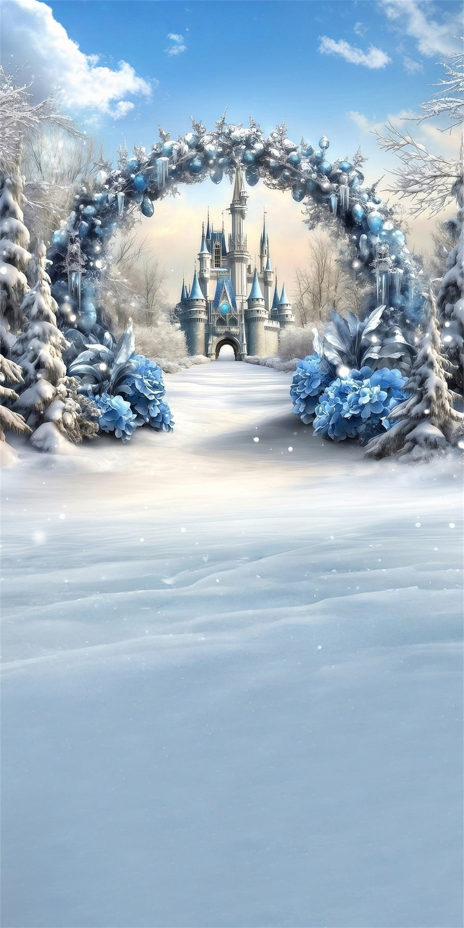 White Christmas Backdrop Castle Entrance Blue Flower Arch Christmas Backdrop for Photos MRR8-119