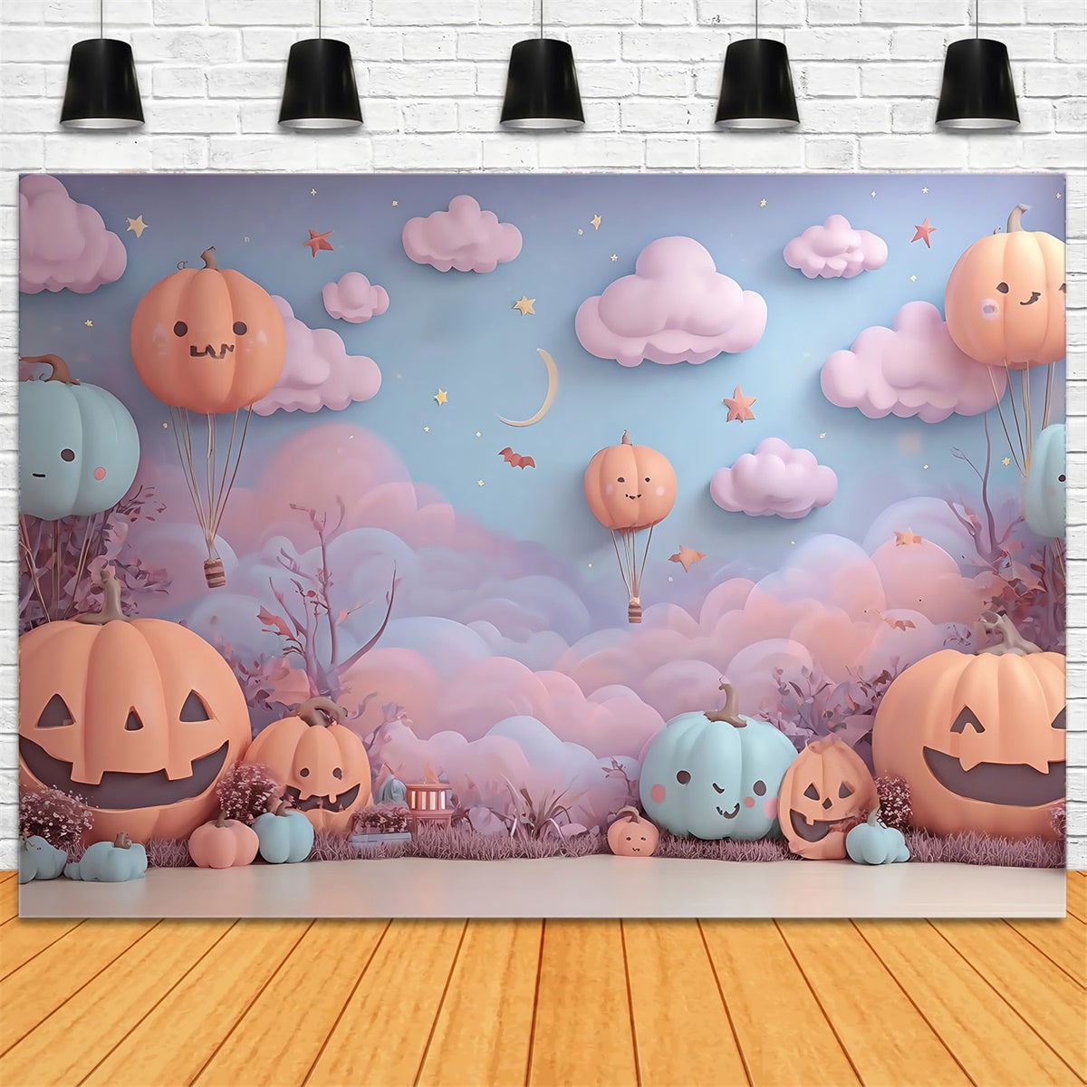 Halloween Backdrops Pumpkin Hot Air Balloon Clouds Stars Kids Backdrop MRR8-12