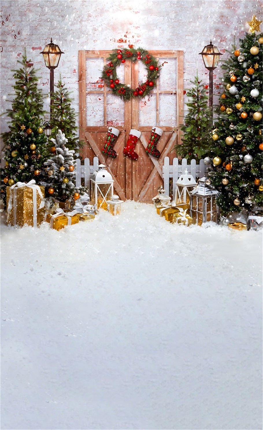 Christmas Tree Backdrop Classic Snowy Christmas Wooden Door Christmas Backdrops for Photos MRR8-128