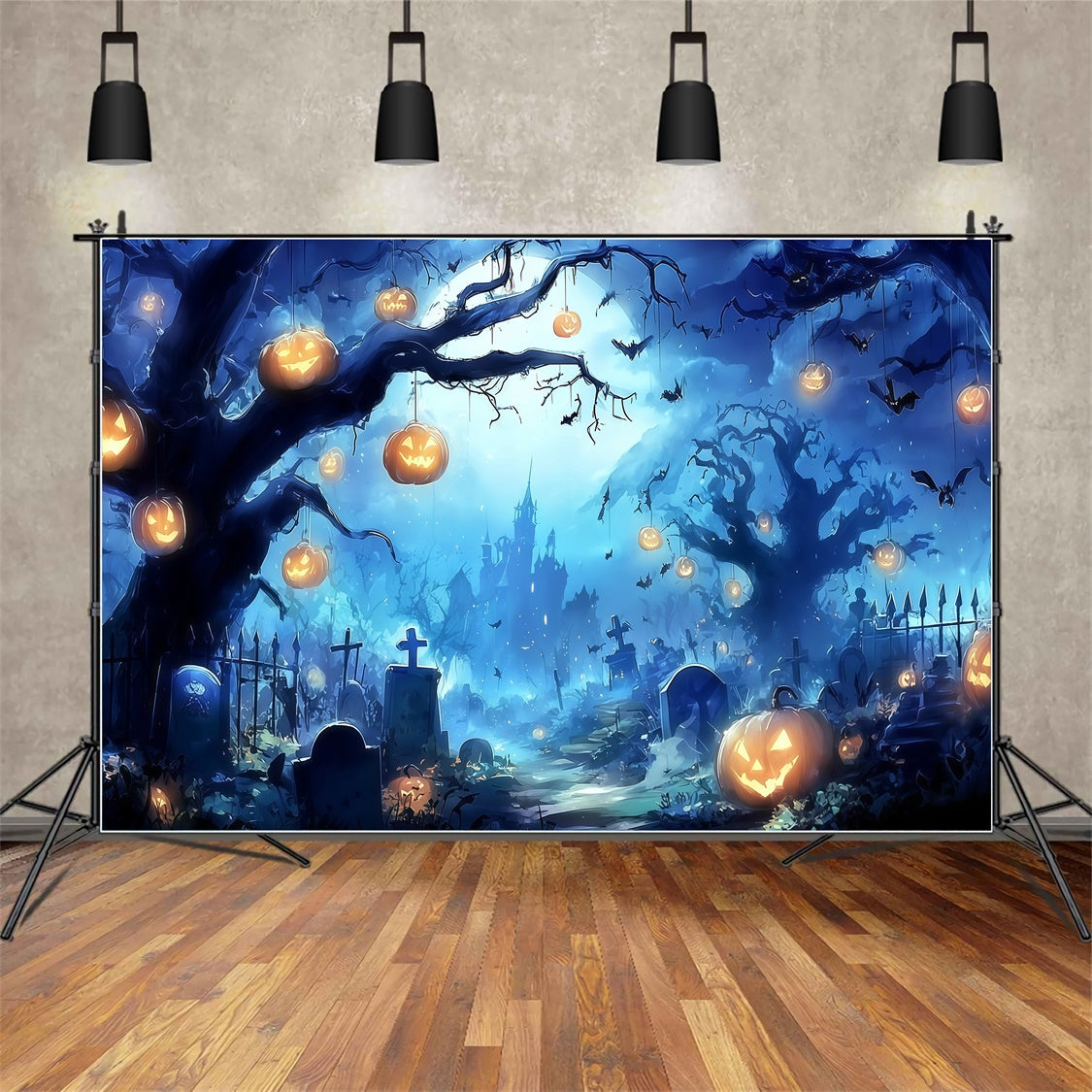 Halloween Graveyard Backdrop Eerie Pumpkin Chandelier Forest Castle Backdrop MRR8-13