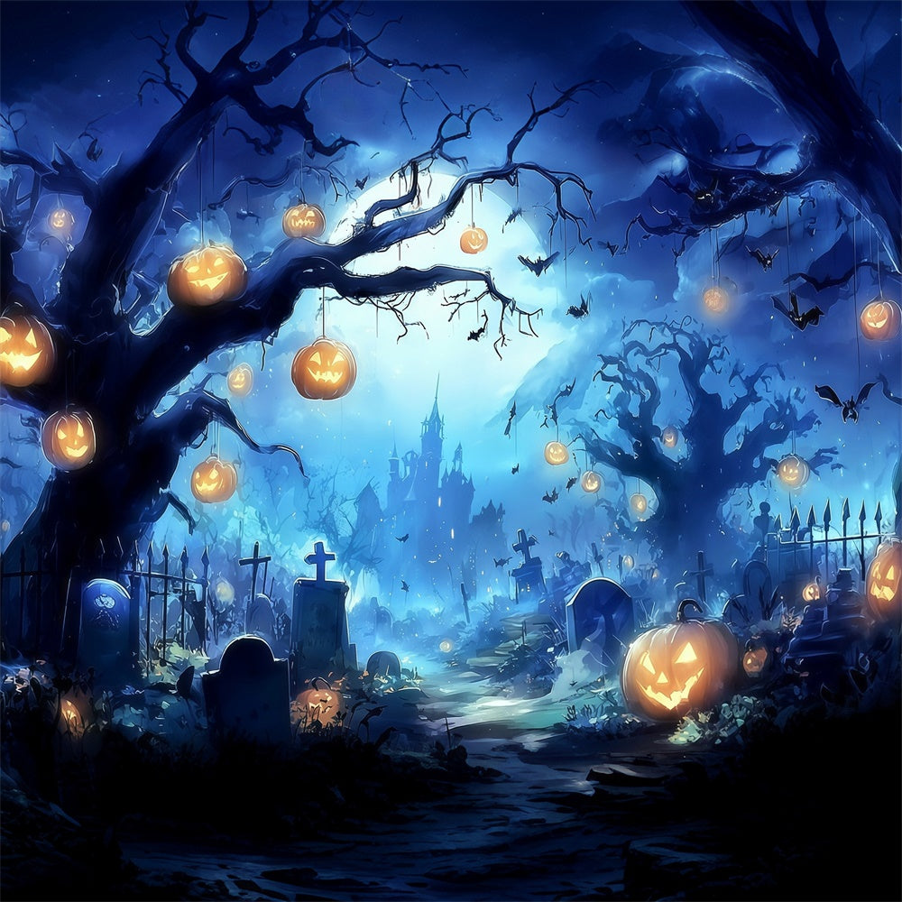 Halloween Graveyard Backdrop Eerie Pumpkin Chandelier Forest Castle Backdrop MRR8-13