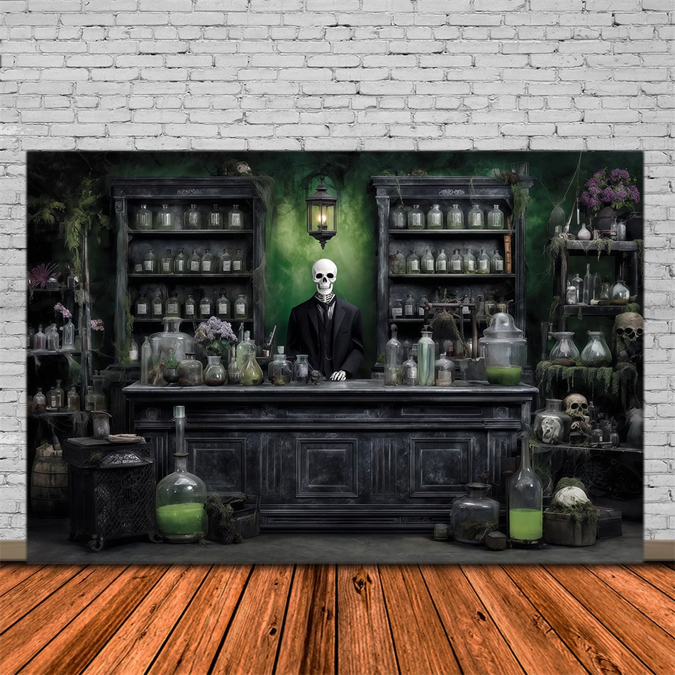 Scary Halloween Backdrops Chemical Reagent Mystery Skeleton Man Store Backdrop MRR8-14