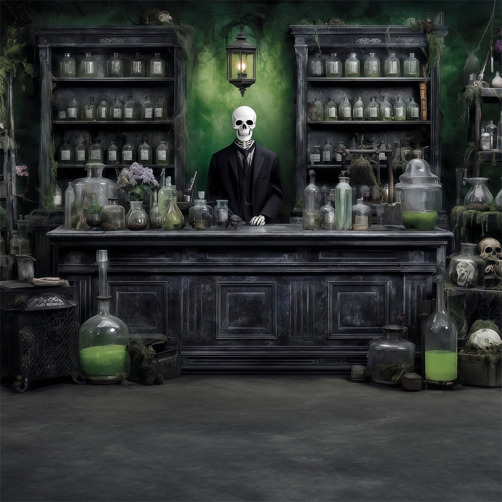 Scary Halloween Backdrops Chemical Reagent Mystery Skeleton Man Store Backdrop MRR8-14