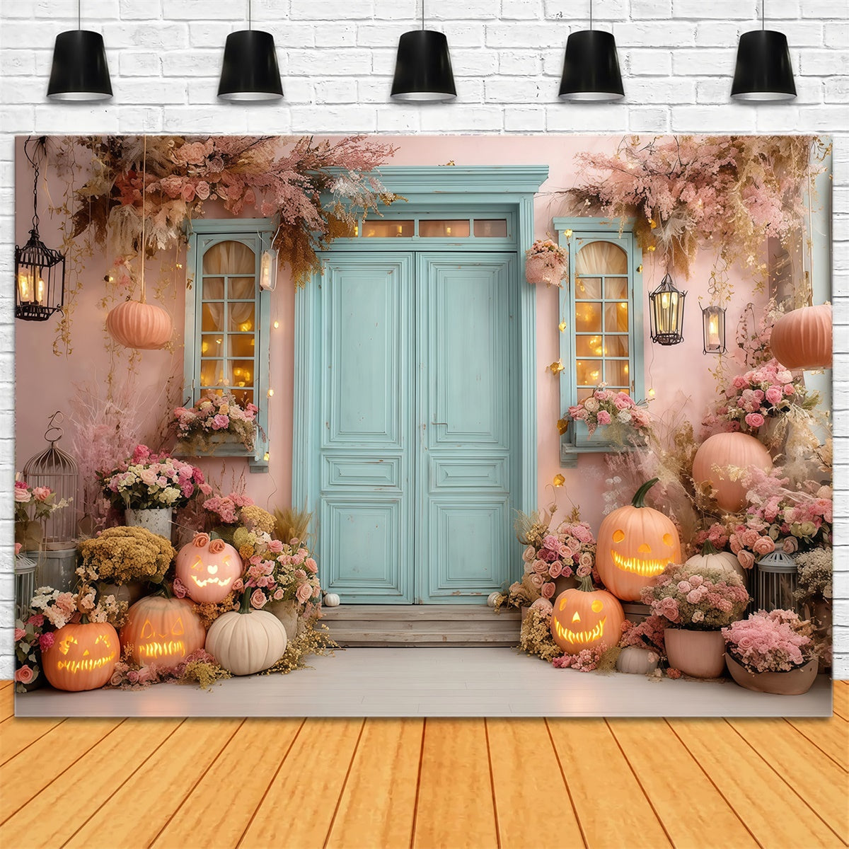 Halloween Backdrops for Photos Blush Pumpkin Floral Doorstep Backdrop MRR8-17