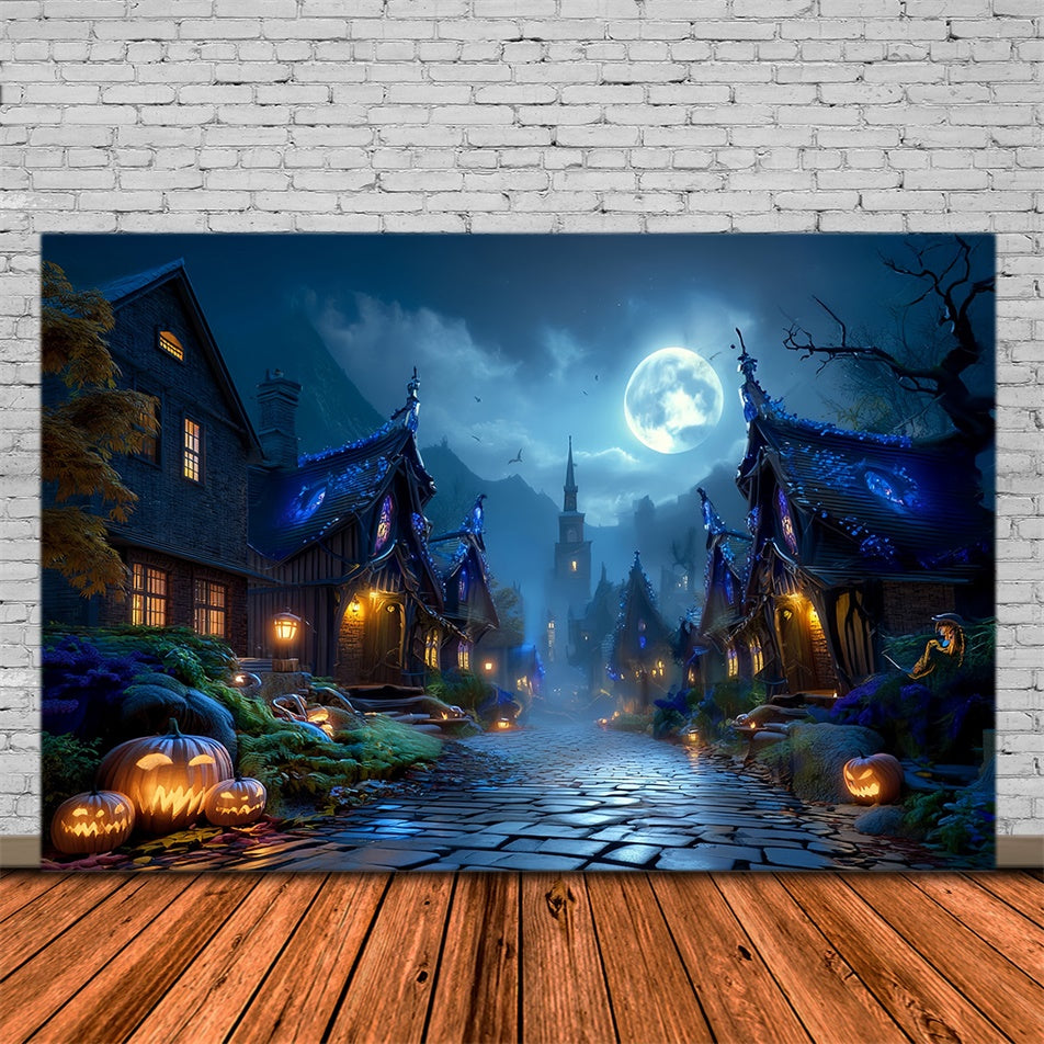 Haunted House Backdrop Full Moon Haunted Village Street Halloween Backdrop MRR8-23