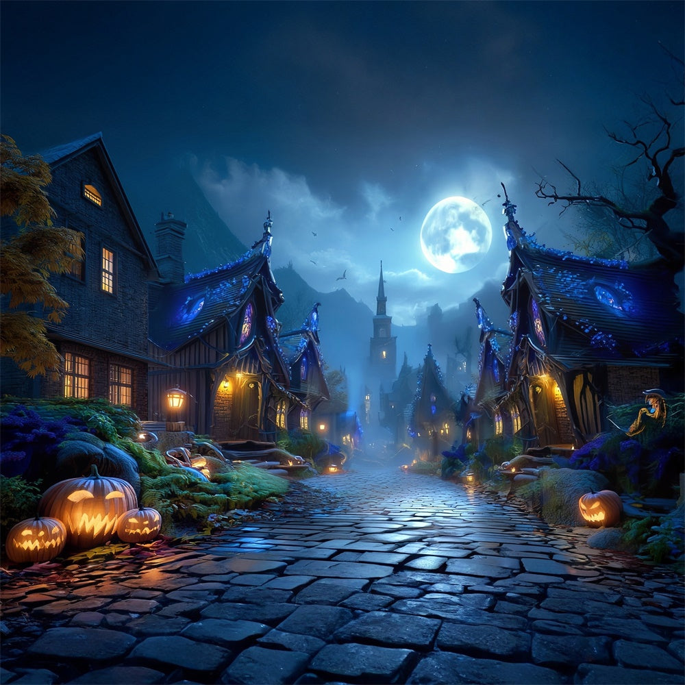Haunted House Backdrop Full Moon Haunted Village Street Halloween Backdrop MRR8-23