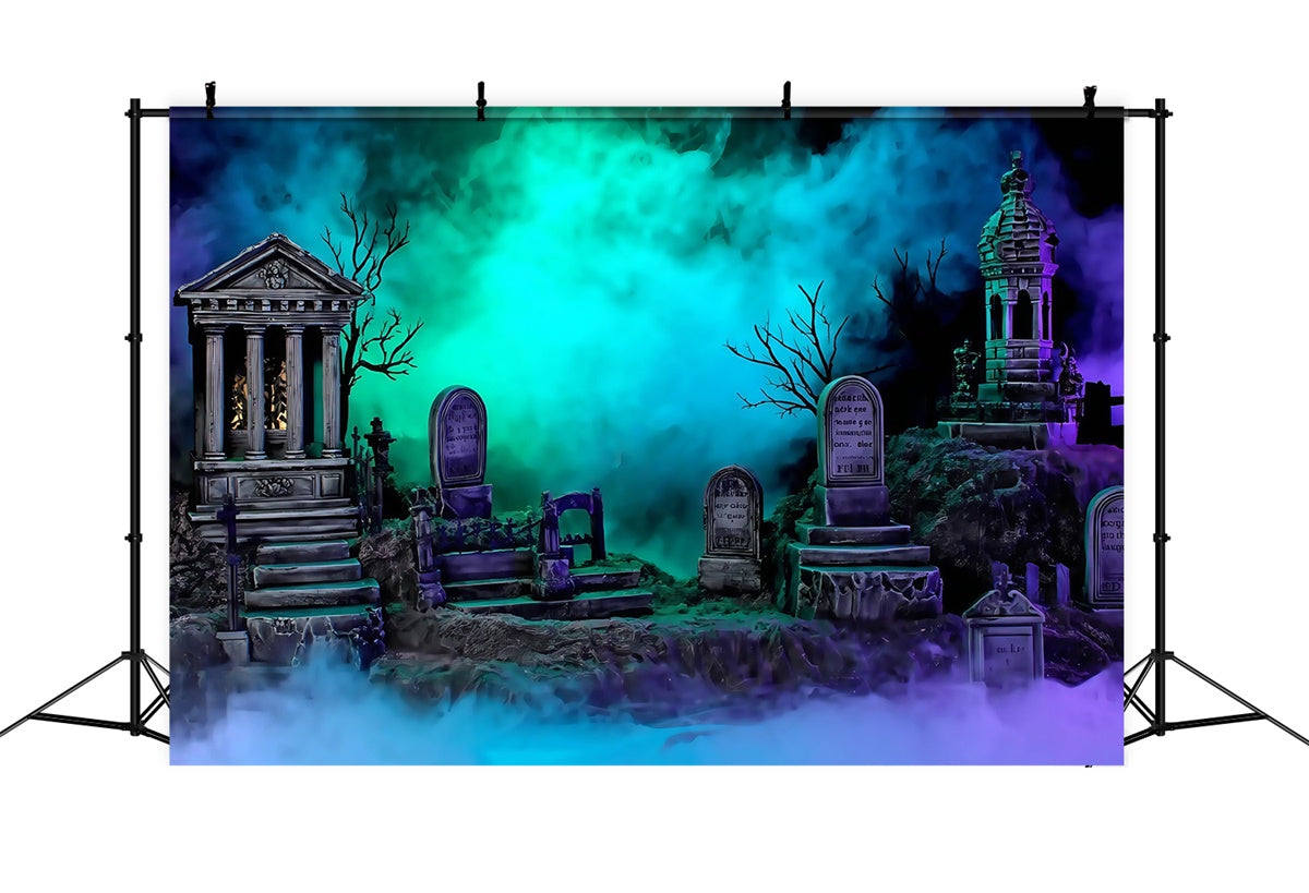 Halloween Graveyard Backdrop Glowing Foggy Tombstones Halloween Backdrop MRR8-24