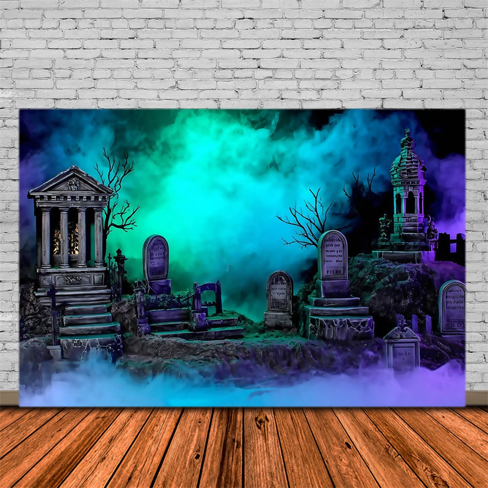 Halloween Graveyard Backdrop Glowing Foggy Tombstones Halloween Backdrop MRR8-24