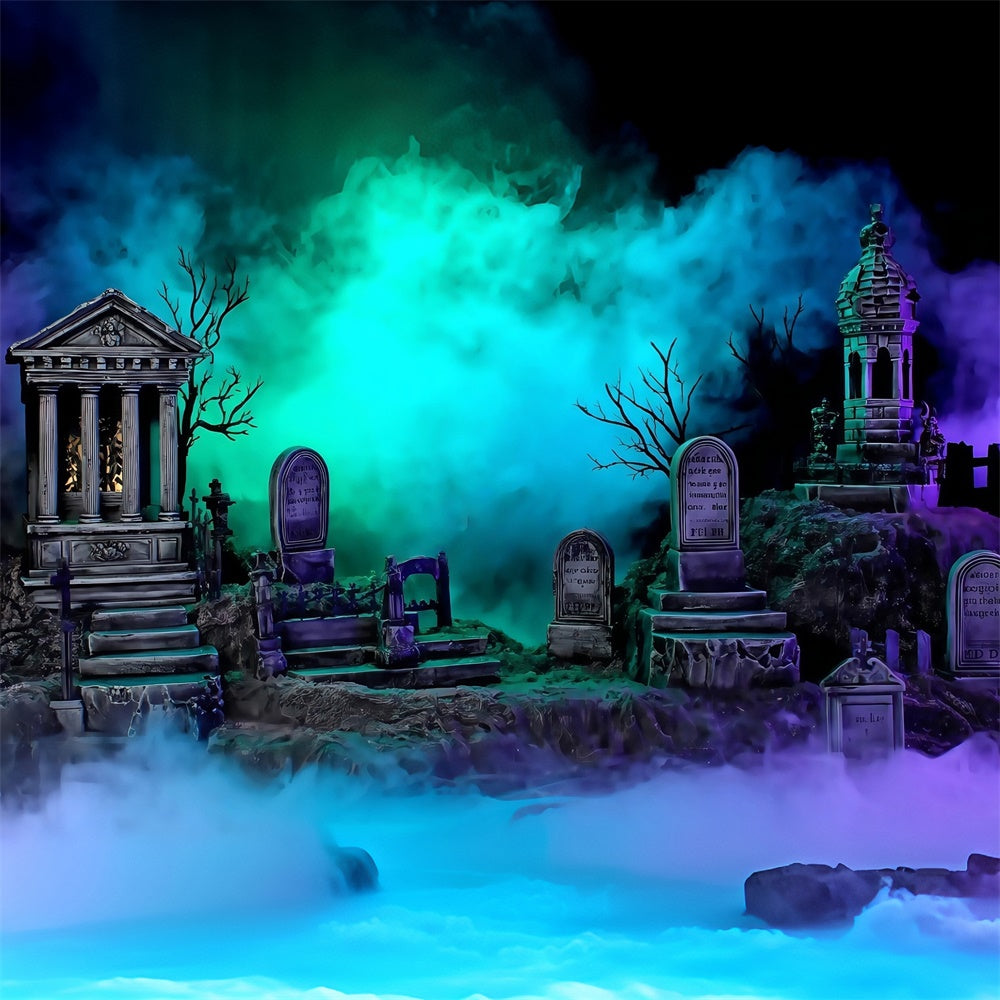 Halloween Graveyard Backdrop Glowing Foggy Tombstones Halloween Backdrop MRR8-24
