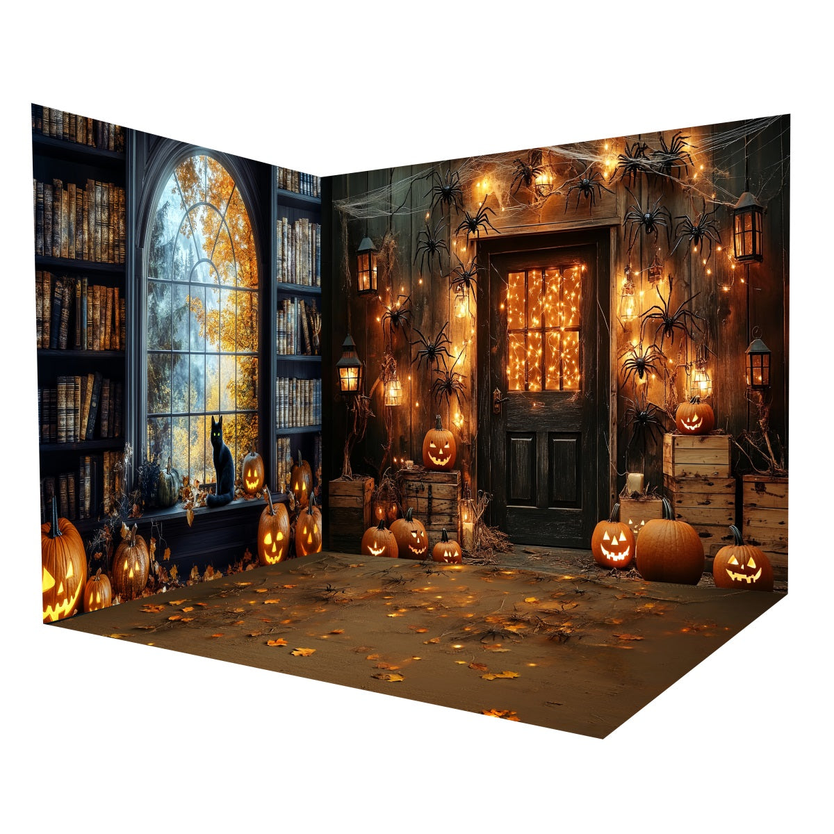 Halloween Photo Backdrop Ideas Witch Library Spiders Pumpkins Backdrop Room Set MRR8-241
